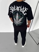 Unisex Bisiklet Yaka Baskılı Oversize T-Shirt - Siyah - 2