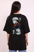 Unisex Bisiklet Yaka Baskılı Oversize T-Shirt - Siyah - 2