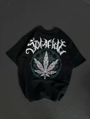 Unisex Bisiklet Yaka Baskılı Oversize T-Shirt - Siyah - 2