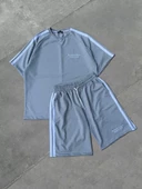 Unisex Şeritli Baskılı Şortlu Takım - Boyalı Gri - 1