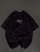Unisex Bisiklet Yaka Baskılı Oversize T-Shirt - Siyah - 1