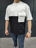 Unisex Torba Cep Detaylı Parçalı T-Shirt - Siyah - 6