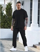 Unisex Düz T-Shirt ve Eşofman Takımı - Siyah - 2