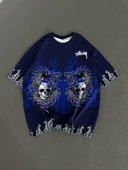 Unisex Bisiklet Yaka Baskılı Oversize T-Shirt - Lacivert - 5