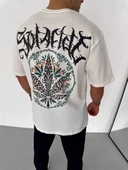Unisex Bisiklet Yaka Baskılı Oversize T-Shirt - Beyaz - 2