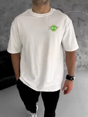 Unisex Bisiklet Yaka Baskılı Oversize T-Shirt - Beyaz - 1