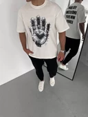 Unisex Bisiklet Yaka Baskılı Oversize T-Shirt - Beyaz - 1