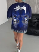 Unisex Bisiklet Yaka Baskılı Oversize T-Shirt - Lacivert - 4