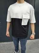 Unisex Torba Cep Detaylı Parçalı T-Shirt - Siyah - 2