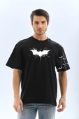 Unisex Ön ve Kol Baskılı Oversize T-shirt - Siyah - 1