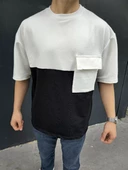 Unisex Torba Cep Detaylı Parçalı T-Shirt - Siyah - 7