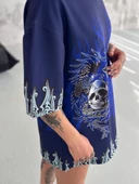 Unisex Bisiklet Yaka Baskılı Oversize T-Shirt - Lacivert - 3