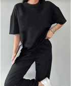 Unisex Düz T-Shirt ve Eşofman Takımı - Siyah - 2