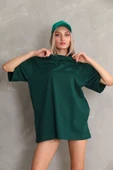 Unisex Bisiklet Yaka  Düz Oversize T-Shirt - Yeşil - 4