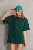 Unisex Bisiklet Yaka  Düz Oversize T-Shirt - Yeşil - 1