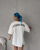 Unisex Bisiklet Yaka Baskılı Oversize T-Shirt - Beyaz - 3
