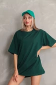 Unisex Bisiklet Yaka  Düz Oversize T-Shirt - Yeşil - 2