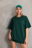 Unisex Bisiklet Yaka  Düz Oversize T-Shirt - Yeşil - 5