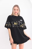 Unisex Bisiklet Yaka Baskılı Oversize T-Shirt - Siyah - 5