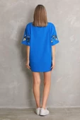 Unisex Bisiklet Yaka Baskılı Oversize T-Shirt - Mavi - 6
