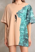 Unisex Bisiklet Yaka Baskılı Oversize T-Shirt - Bej - 2