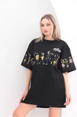 Unisex Bisiklet Yaka Baskılı Oversize T-Shirt - Siyah - 4