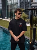 Unisex Bisiklet Yaka Baskılı Oversize T-Shirt - Siyah - 1