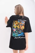 Unisex Bisiklet Yaka Baskılı Oversize T-Shirt - Siyah - 8