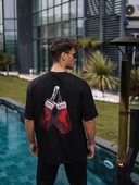 Unisex Bisiklet Yaka Baskılı Oversize T-Shirt - Siyah - 3