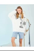 Kadın Kapüşonlu  Baskılı Sweatshirt - Beyaz - 1