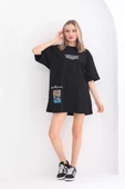 Unisex Bisiklet Yaka Baskılı Oversize T-Shirt - Siyah - 5