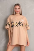 Unisex Bisiklet Yaka Baskılı Oversize T-Shirt - Bej - 2