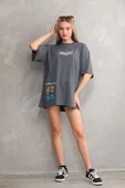 Unisex Bisiklet Yaka Baskılı Oversize T-Shirt - Gri - 5