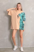 Unisex Bisiklet Yaka Baskılı Oversize T-Shirt - Bej - 1