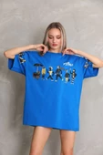 Unisex Bisiklet Yaka Baskılı Oversize T-Shirt - Mavi - 2