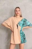 Unisex Bisiklet Yaka Baskılı Oversize T-Shirt - Bej - 5