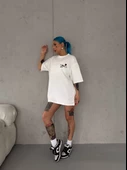 Unisex Bisiklet Yaka Baskılı Oversize T-Shirt - Beyaz - 1