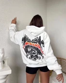 Kadın Baskılı Kapüşonlu Sweatshirt - Beyaz - 1