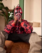 Unisex  Bape Kapüşonu Fermuarlı Hırka - Kırmızı - 3