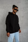 Erkek Düz Kapüşonlu Sweatshirt Siyah - 2