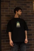 Unisex Bisiklet Yaka Baskılı Oversize T-Shirt - Siyah - 1