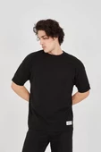 Unisex Jakar Kumaş Rahat Kol T-Shirt - Siyah - 1