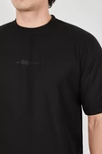 Unisex Waffle Kumaş Rahat Kol T-Shirt - Siyah - 4