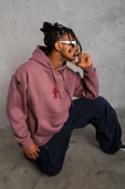 Erkek Maske Baskılı Kapüşonlu Sweatshirt - Gül Kurusu - 5