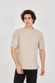 Unisex Waffle Kumaş Rahat Kol T-Shirt - Bej - 1