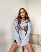 Kadın Baskılı Kapüşonlu Sweatshirt - Gri - 2