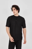 Unisex Waffle Kumaş Rahat Kol T-Shirt - Siyah - 1