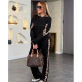 Lucky Life Kadın Kapüşonlu Leopar Detay Sweat Ve Yüksek Bel Yanları Leopar şeritli Bol Paça Pantolon Ikili Takım - 1