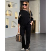 Lucky Life Kadın Kapüşonlu Leopar Detay Sweat Ve Yüksek Bel Yanları Leopar şeritli Bol Paça Pantolon Ikili Takım - 2