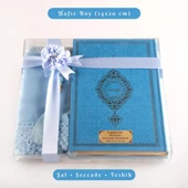 Şal + Seccade + Tesbih + Kuran Hediye Seti (Hafız Boy, Termo Deri, Açık Mavi) thumbnail 1